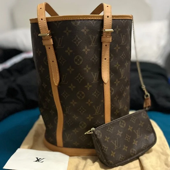 100% AUTH Louis Vuitton Bucket Bag GM &Removable Chain Zipper Wallet Pouch - Picture 11 of 13
